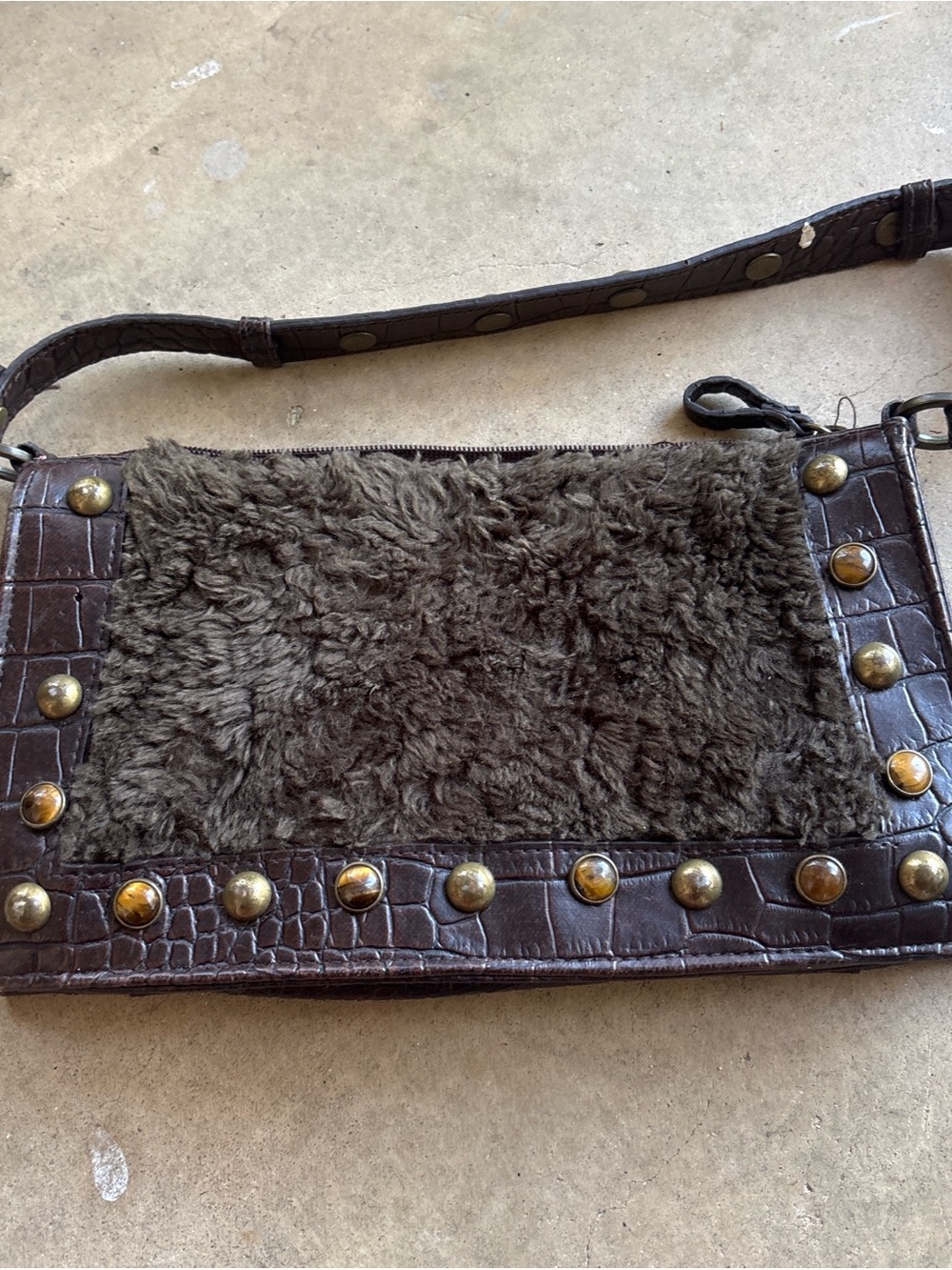 Brown Faux Fur & Croc-Embossed Stud Shoulder Bag